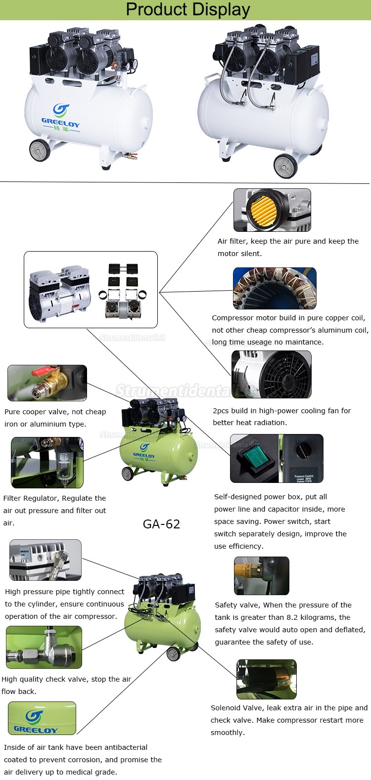 Greeloy® GA-62 60 litri compressore silenziato odontoiatrico senza olio 1200w